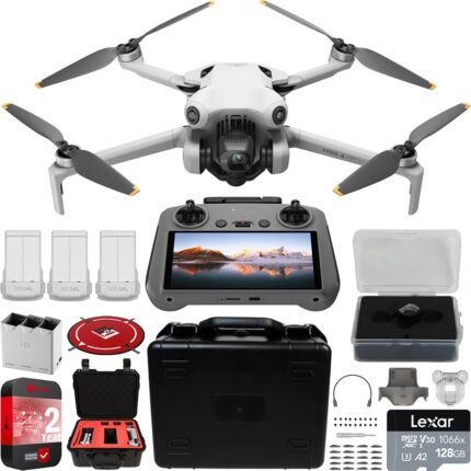 DJI Mini 4 Pro Folding Drone with RC 2 Remote (Screen) Fly More Combo, 4K Video Camera, Under 249g, 3 Battery Bundle with Deco Gear Custom Hard Case + Content Creation Beginner's Guide & Accessories